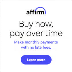 Affirm advertisement with text 'Buy now, pay over time' on a white background