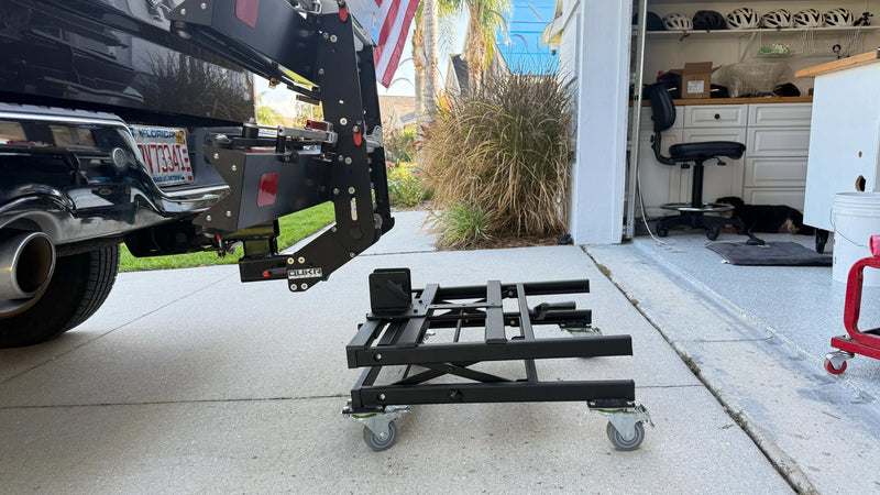 eBike rack lift device for easy handling and storage of heavy bike racks